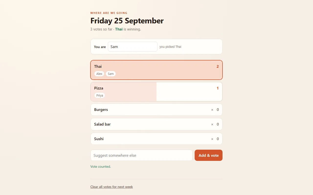 The finished lunch poll, open in a browser