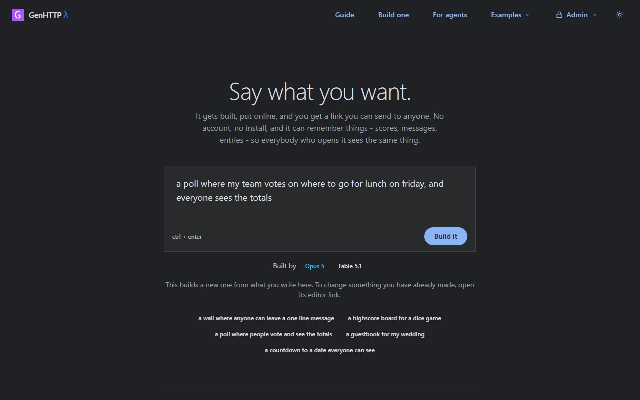 The build page with a request for a lunch poll typed in